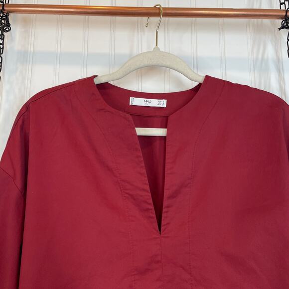 Mango MNG Women’s Burgundy 100% Cotton Split Neck Long Sleeve Blouse Size 4 - Picture 3 of 7